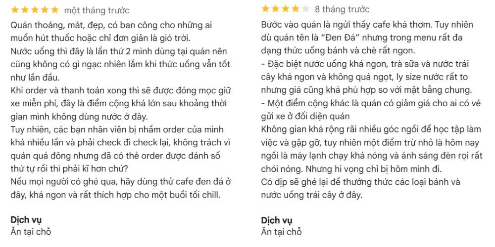 Bảng đánh giá dịch vụ và menu tại Café Đen Đá 182 Pasteur, quận 1 thể hiện sự hài lòng của khách hàng.