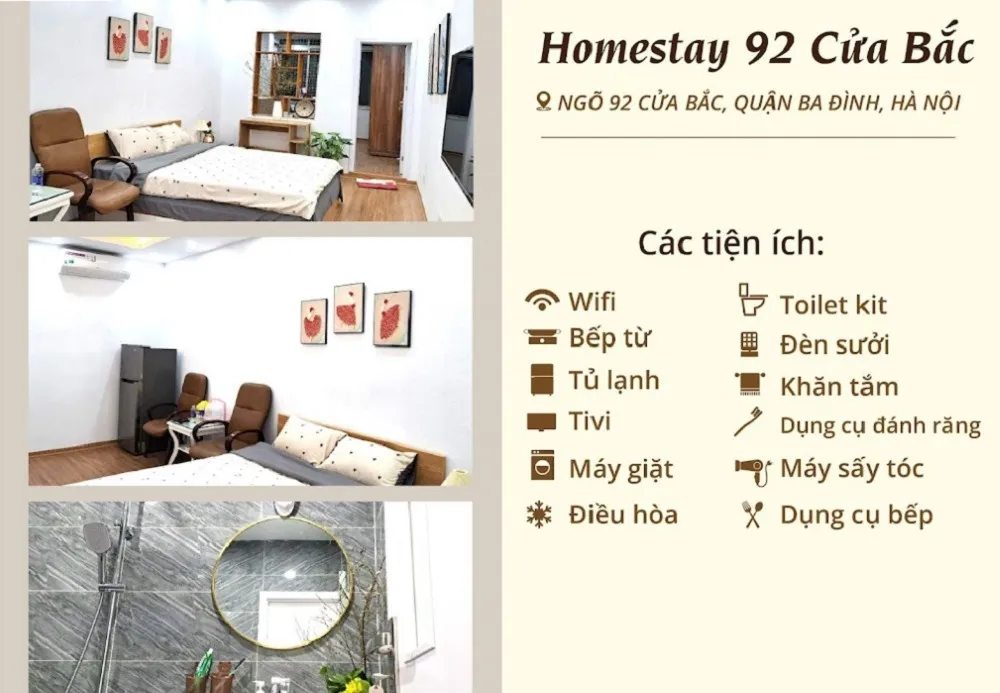Homestay 92 Cửa Bắc cung cấp đầy đủ các thiết bị và tiện nghi cơ bản cho khách lưu trú, đảm bảo sự thoải mái khi khám phá Ngõ 92 Đào Tấn, Cống Vị, Ba Đình, Hà Nội