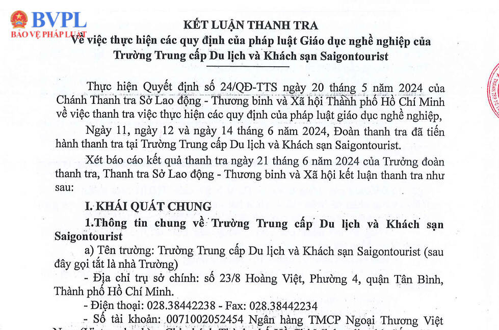 Kết luận thanh tra về việc tuân thủ pháp luật giáo dục nghề nghiệp tại Trường Trung cấp Du lịch và Khách sạn Saigontourist